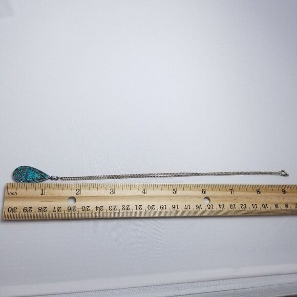 Vintage Blue Inlaid Stone Drop Shape Pendant, Silver Tone Setting and Chain - Picture 5 of 7